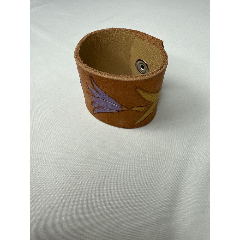 Vintage Hand Tooled Leather Floral Cuff Bracelet Tan Purple Yellow Boho Snap